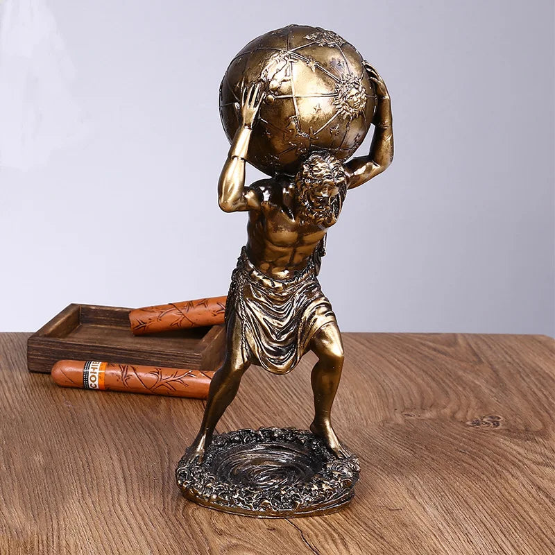 DecorBites™ Atlas Resin Statue: Greek Titan Holding Astronomy Globe, Bronze Finish
