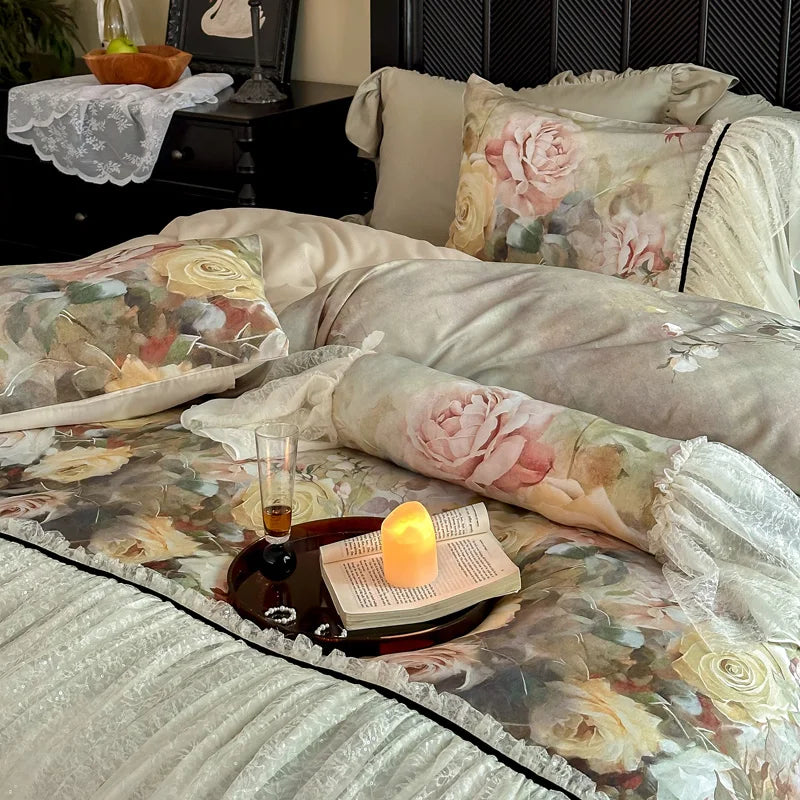 DecorBites™ Double Lace Ruffles Egyptian Cotton Thickened Bedding Set - Duvet Covers, Sheet, Pillowcases