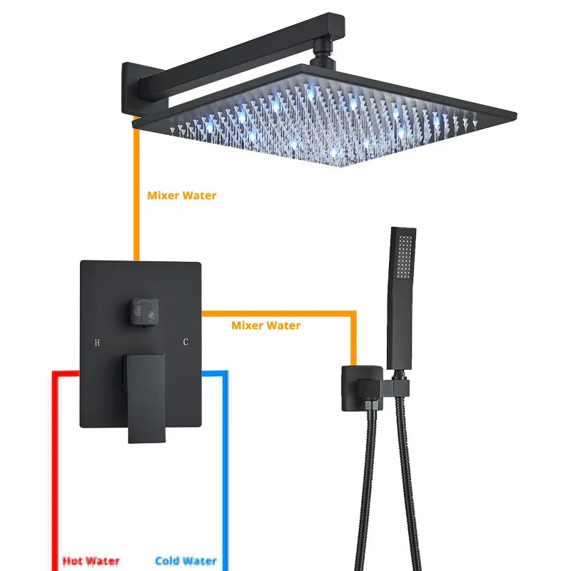 DecorBites™ LED Black Wall Mounted Shower Faucet Set with Rainfall Shower Head