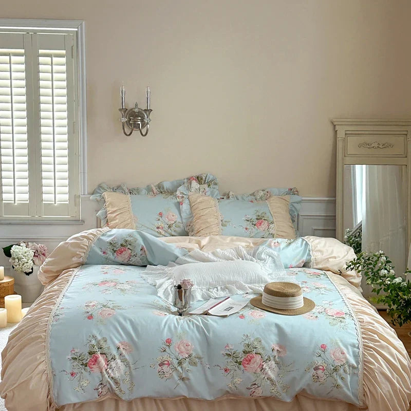 DecorBites™ Korean Princess Style Floral Cotton Bedding Set with Ruffles