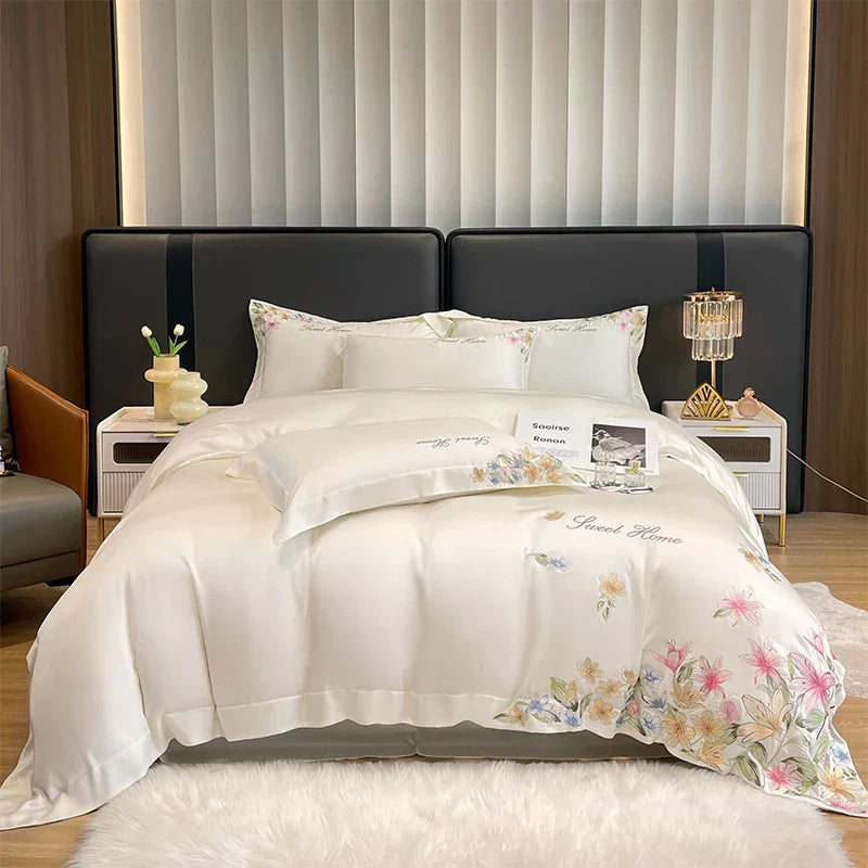 DecorBites™ Flowers Embroidery Silky Duvet Set with Comforter Cover & Fitted Sheet