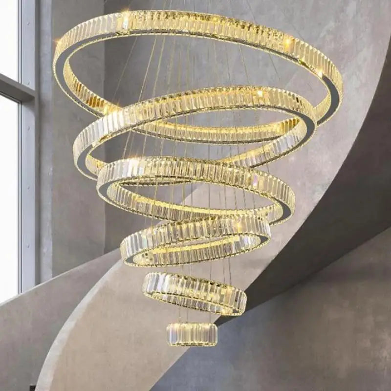 DecorBites™ Crystal Circle LED Chandelier: Nordic Modern Stairs Pendant Lighting with Dimmable LED for Living Room