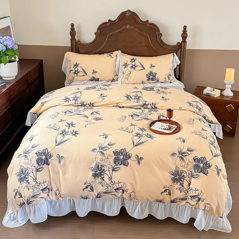 DecorBites™ French Flowers Lace Ruffles Princess Bedding Set with Bed Sheet Pillowcases