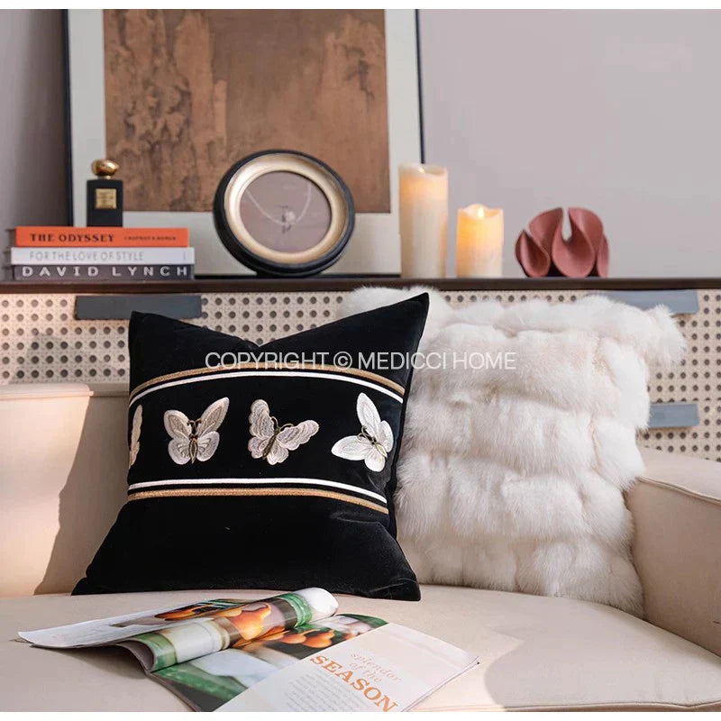 DecorBites™ French Night Velvet Throw Pillow Case with Embroidered Butterflies