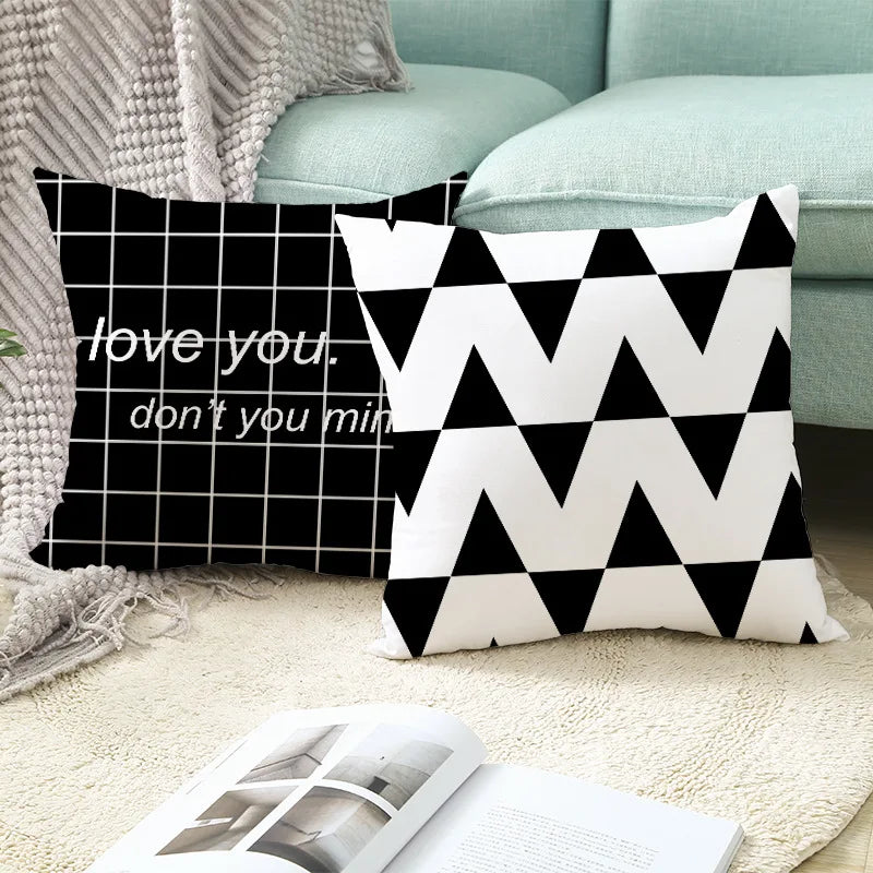 DecorBites™ Black Geometry Letters Print Cushion Cover for Home Decor & Office
