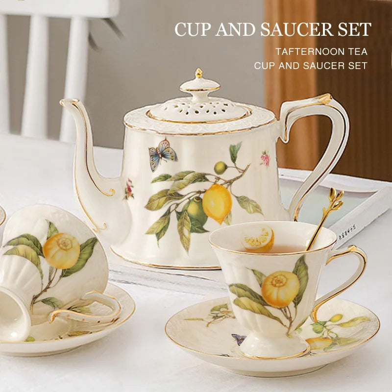 DecorBites™ Gold Edge Cup & Saucer Set: Lemon Teapot, Coffee Mug, Ceramic Plates & Drinkware