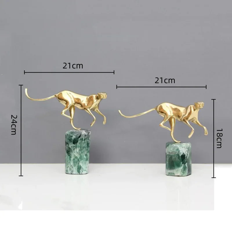DecorBites™ Golden Leopard Brass Cheetah Green Marble Figurine Metal Decor Accessory