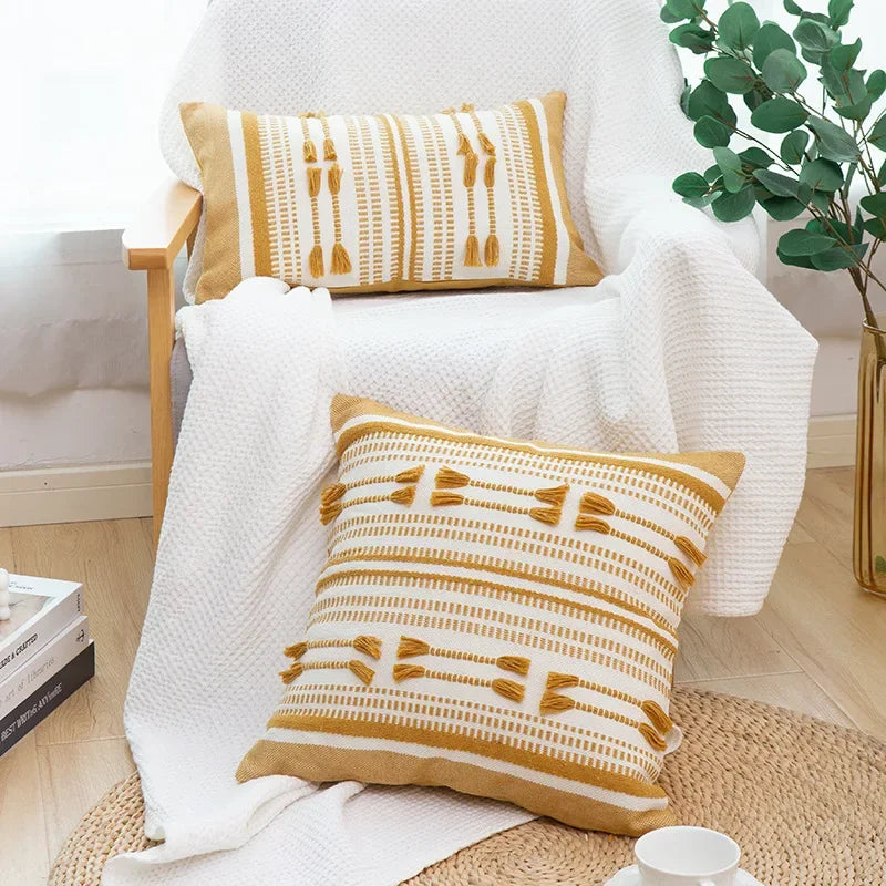 DecorBites™ Geometric Tassels Cushion Cover - Yellow & Black Woven Home Decor Pillow