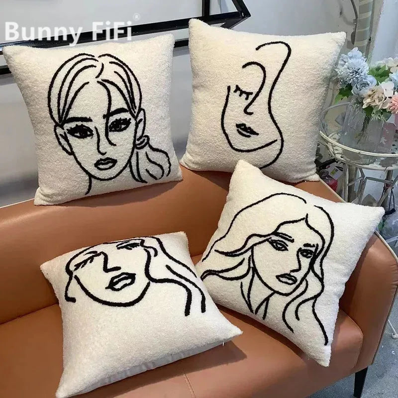 DecorBites™ Lambswool Face Cushion Cover 45x45 Beige White Abstract Art Pillowcase