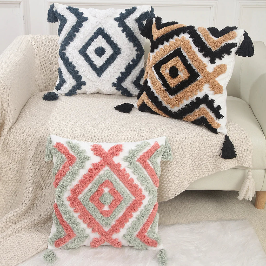 DecorBites™ Geometric Chenille Embroidered Pillow Covers Boho Moroccan Style Decor