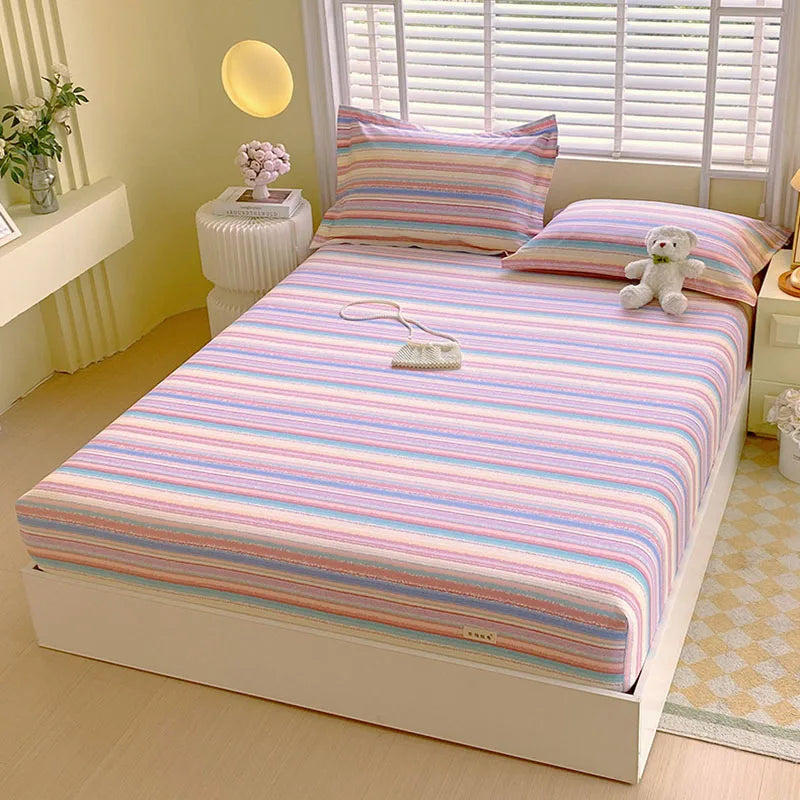 DecorBites™ Cotton Striped Fitted Bed Sheet for Queen Double Mattress Cover