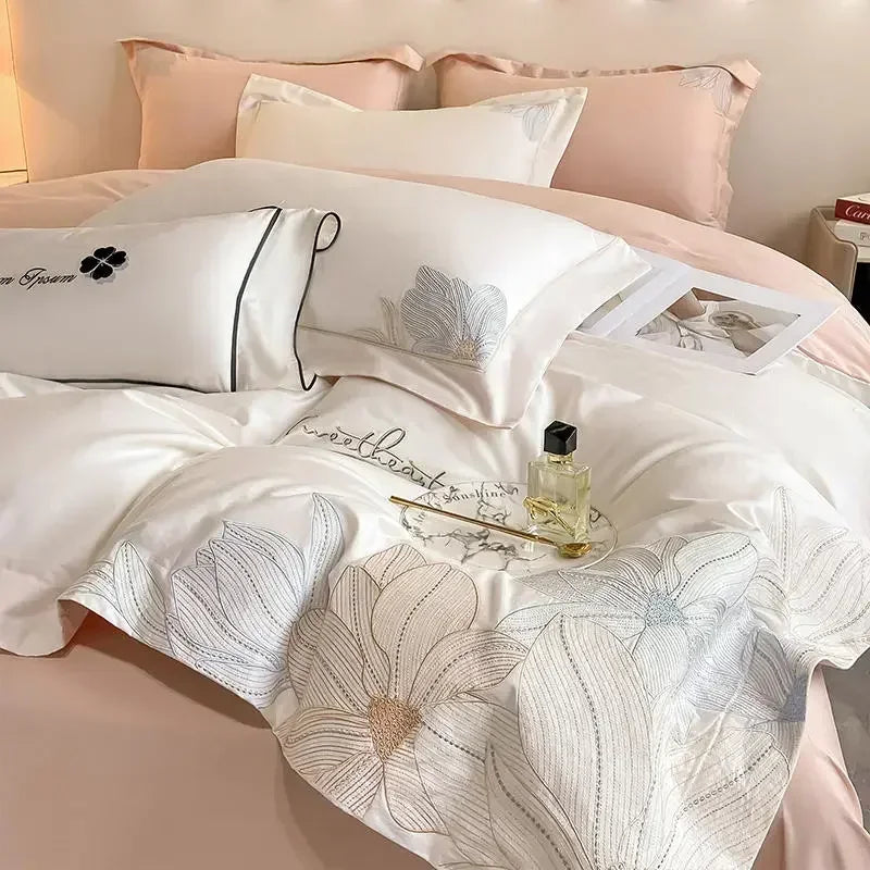 DecorBites™ Embroidered Cotton Bedding Set: Luxury Hepburn Style Duvet Cover 220x240, Skin Friendly
