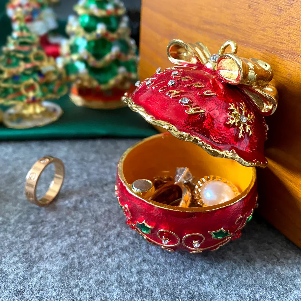 DecorBites™ Jingle Bell Trinket Box With Crystals, Hand-painted, Christmas Tree Decor
