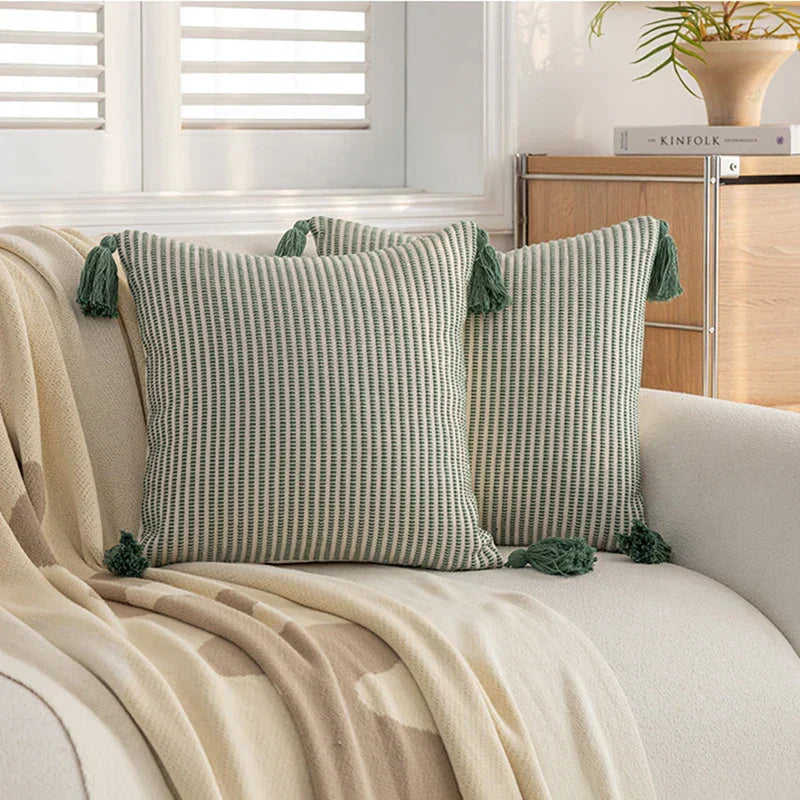DecorBites™ Green Coffee Geometric Tuft Tassel Cushion Cover - Modern Minimalist Embroidered Pillowcase