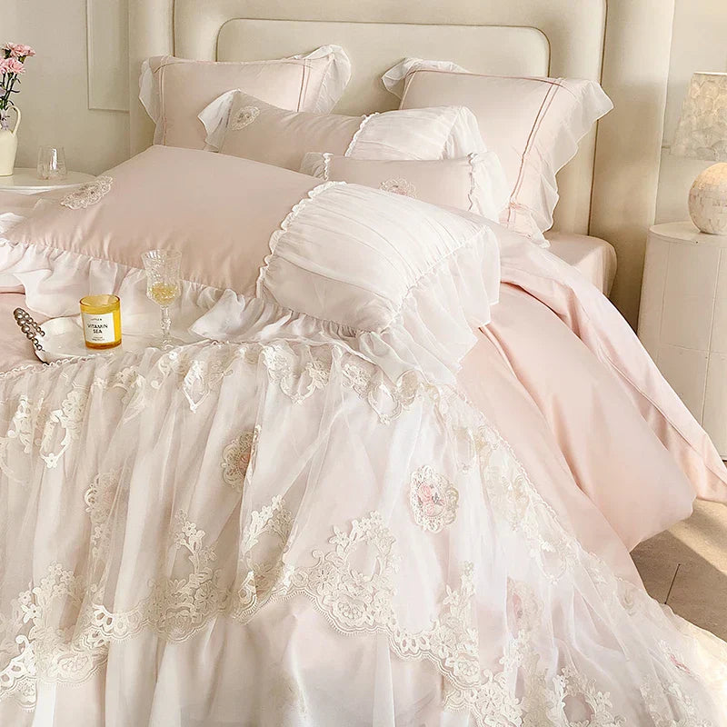 DecorBites™ French Lace Ruffles Princess Wedding Bedding Set - 4Pcs 1000TC Cotton - Duvet, Sheet, Pillowcases