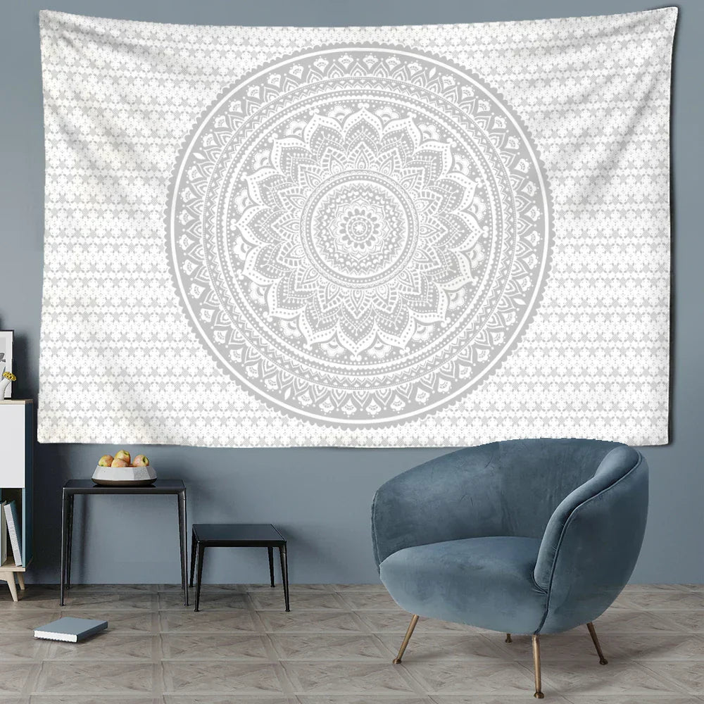 DecorBites™ Grey Mandala Tapestry Wall Hanging Psychedelic Hippie Art for Aesthetic Home Decor