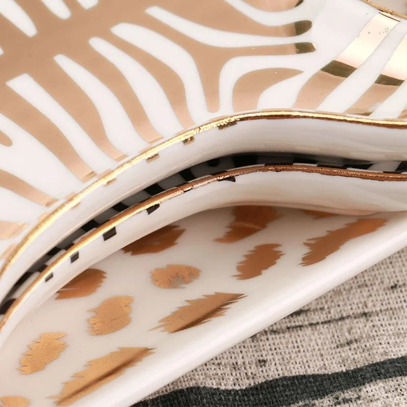 DecorBites™ Gold Tiger Skin Ceramic Plate Zebra Dish Jewelry Holder Tray