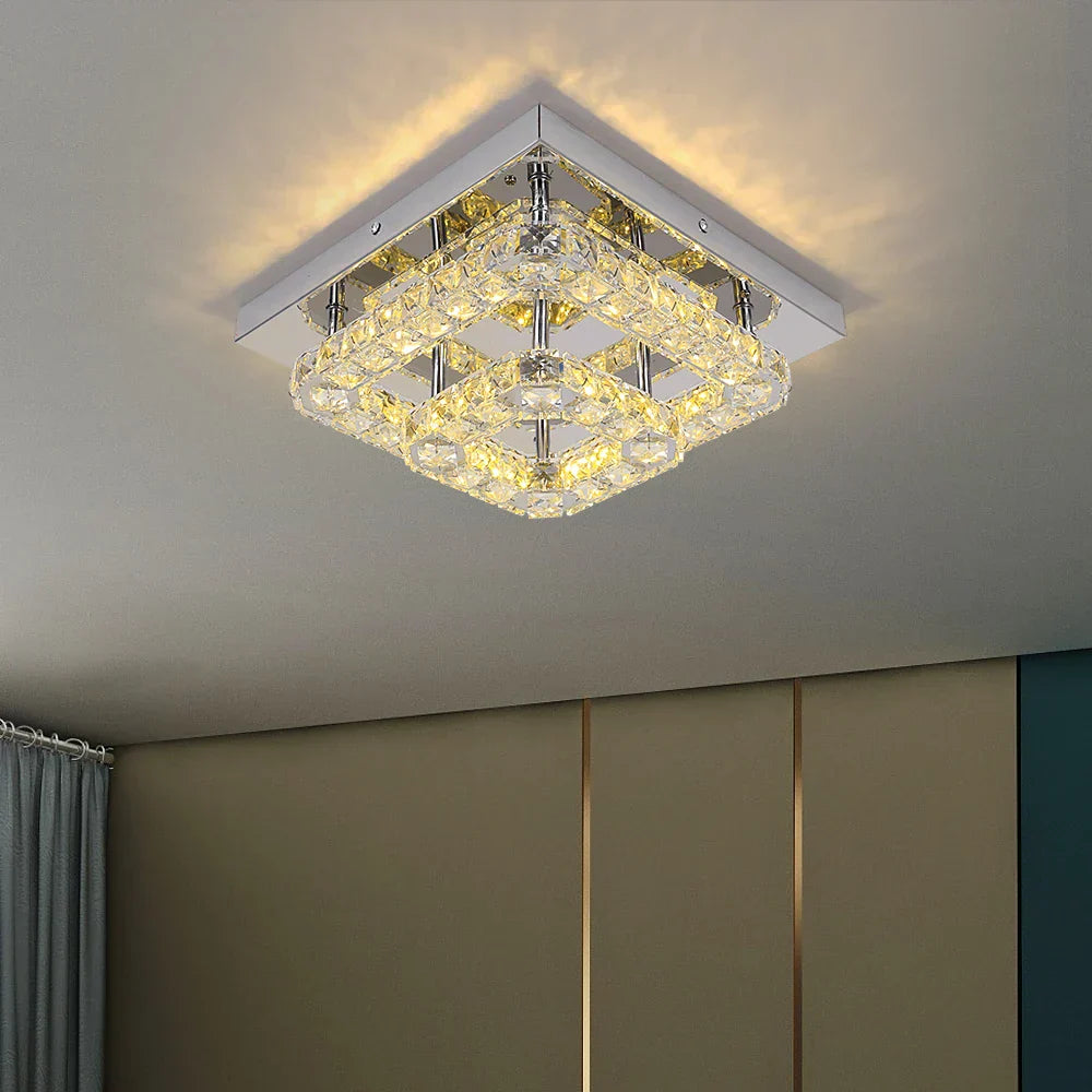 DecorBites™ Crystal LED Ceiling Light: Modern Square K9 Chandeliers, Dimmable Stainless Steel Fixture.