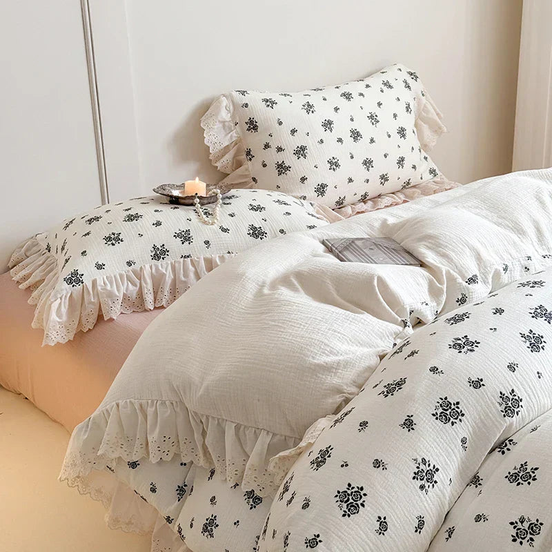 DecorBites™ French Lace Floral Ruffles Bedding Set - 100% Cotton Wrinkled Yarn 4Pcs