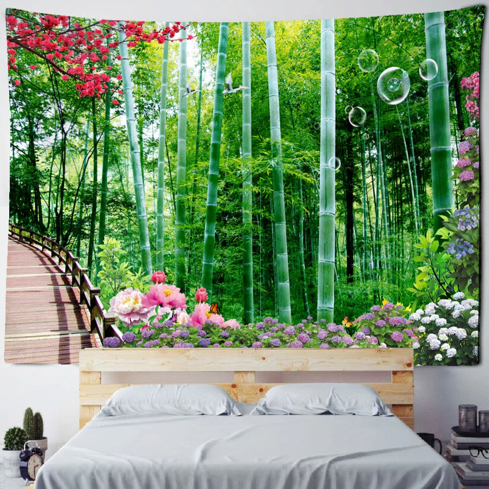 DecorBites™ Bamboo Forest Pigeon Path Tapestry: Hippie Psychedelic Wall Hanging for Natural Home Decor