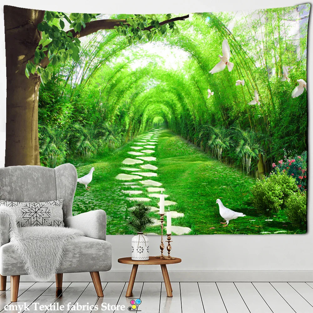 DecorBites™ Bamboo Forest Pigeon Path Tapestry: Hippie Psychedelic Wall Hanging for Natural Home Decor