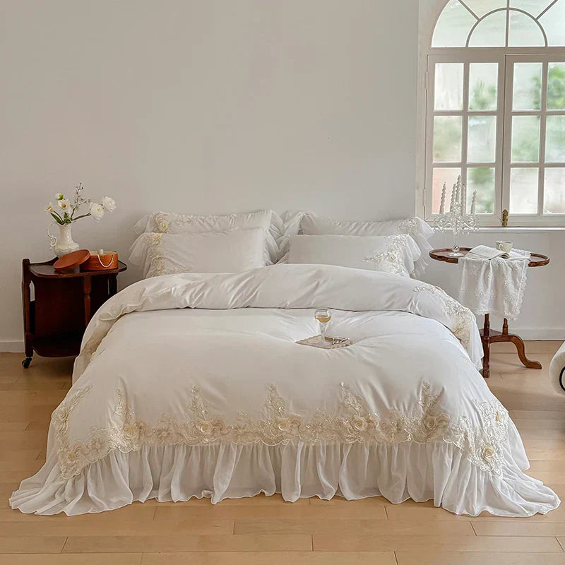 DecorBites™ French Rose Flowers Lace Wedding Bedding Set with Ruffles