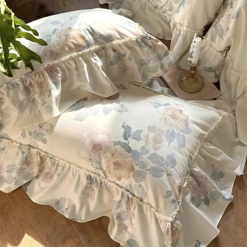 DecorBites™ French Rose Flowers Print Bedding Set, Elegant Ruffles Princess Collection