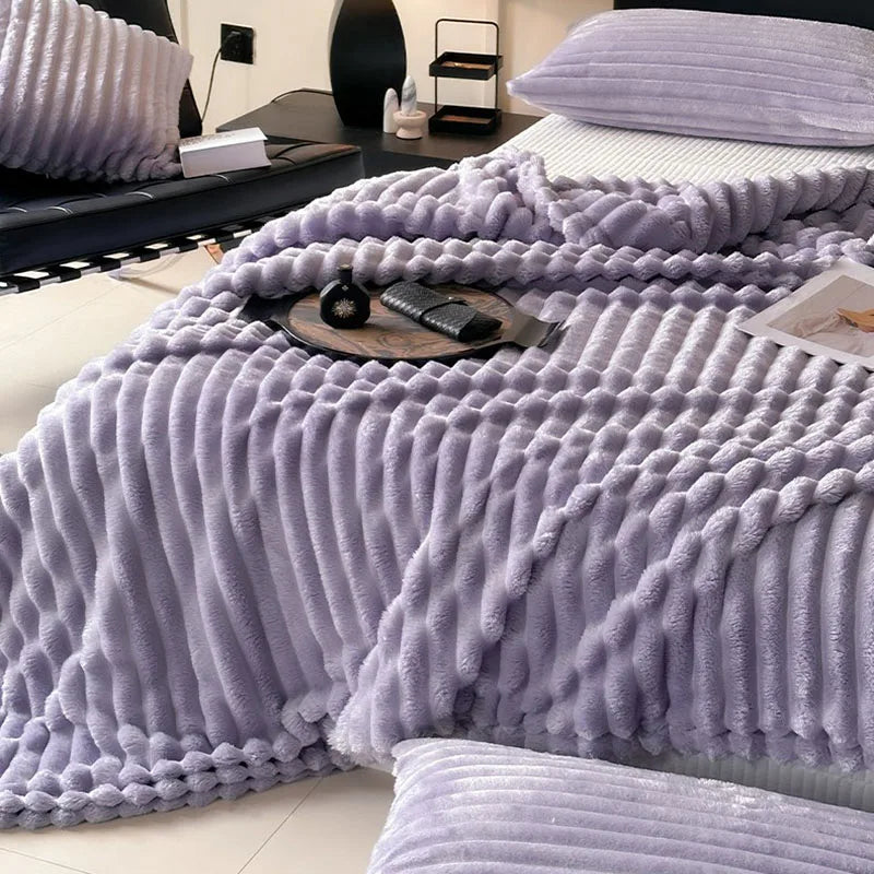 DecorBites™ Cozy Coral Fleece Striped Solid Blanket for Winter Sofa Cover Queen King Sizes