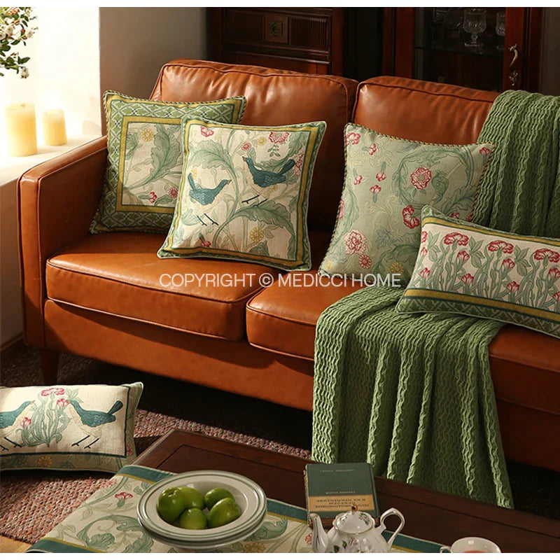 DecorBites™ French Linen Flax Lumbar Pillow Cover Flower Birds Print, Fairy Green