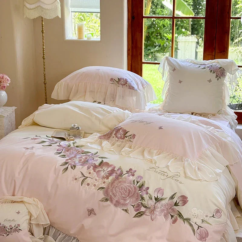 DecorBites™ Flowers Lace Ruffles Wedding Bedding Set 1000TC Egyptian Cotton Duvet Cover Set