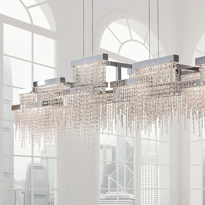 DecorBites™ Crystal Tassel Chandelier: Modern Luxury Silver Hanging Lamp for Dining Room