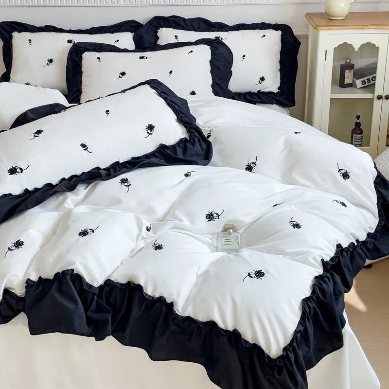 DecorBites™ Korean Princess Rose Flowers Lace Ruffles Bedding Set - Soft Cotton Duvet Cover