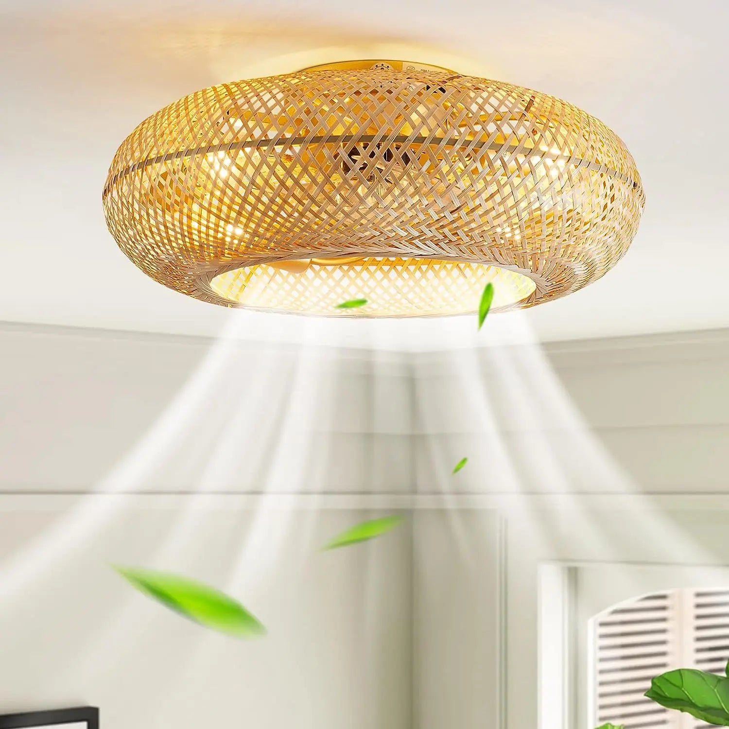 DecorBites™ Bamboo Ceiling Fan with Lights Remote Control 50cm Retractable Silent Blades