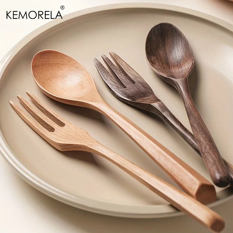 DecorBites™ 2-Piece Wooden Fork and Spoon Set | Korean-Inspired Tableware for Desserts and Rice