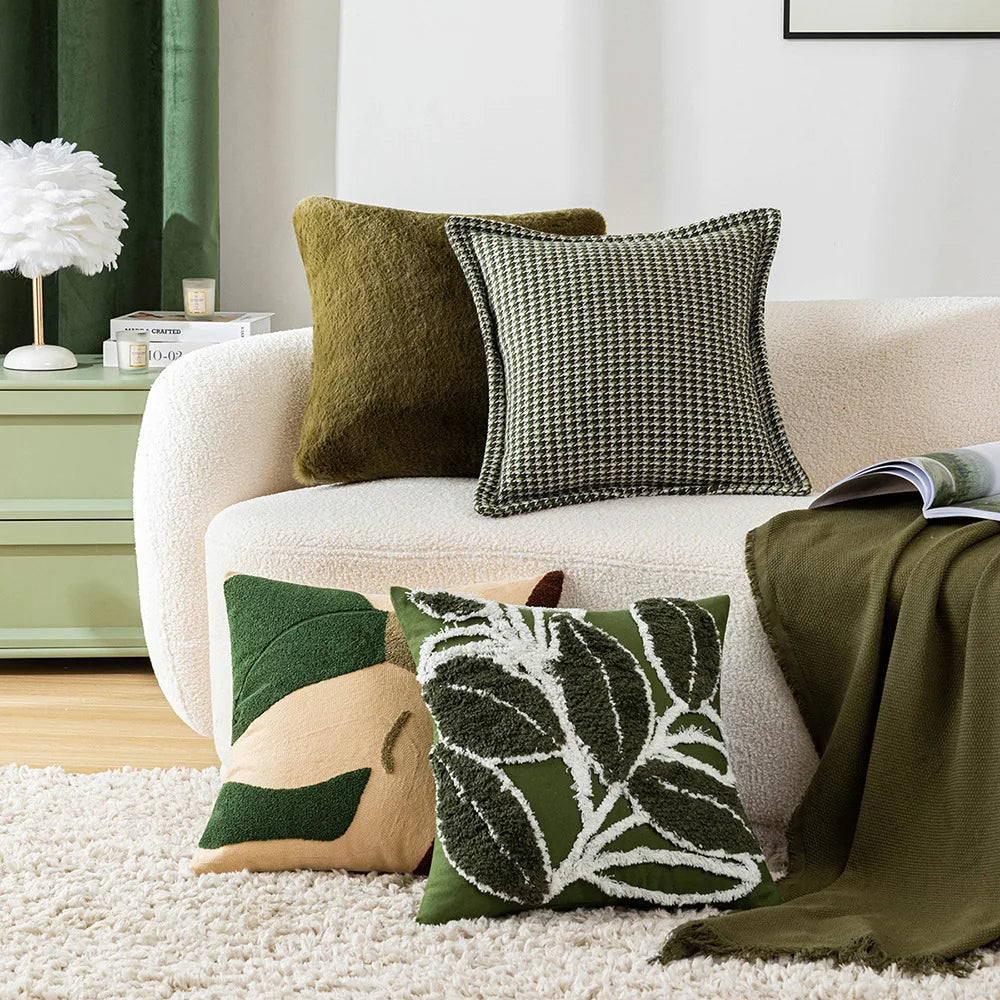 DecorBites™ Green Embroidered Tufted Cushion Cover - Modern Minimalism Art Design