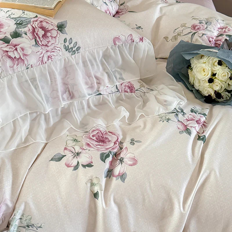 DecorBites™ French Flowers Lace Ruffles Princess Bedding Set with Bed Sheet Pillowcases