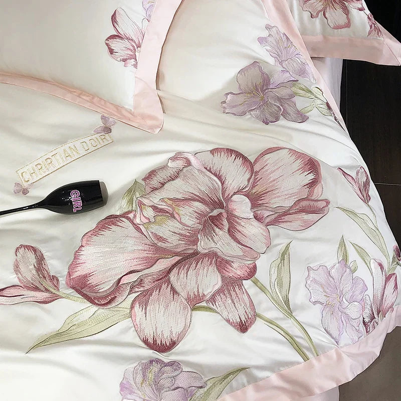 Ivory floral blooming flowers embroidery bedding set bedroom duvet cover