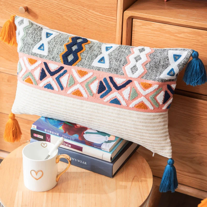 DecorBites™ Geometric Embroidered Cushion Cover with Tassels for Home Decor
