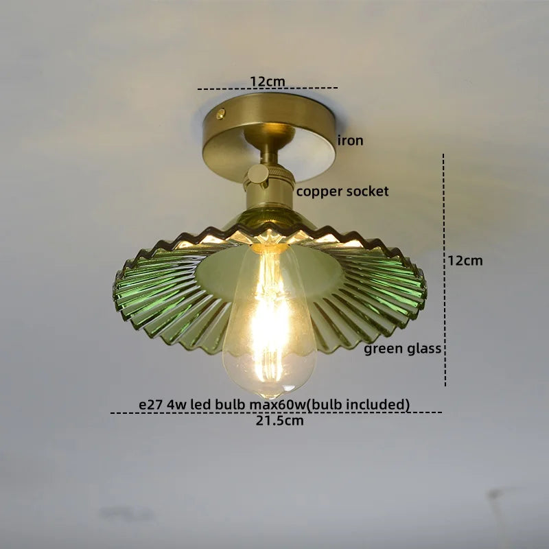 DecorBites™ Green Glass Copper Ceiling Light Fixture Balcony Kitchen Modern LED Lamp