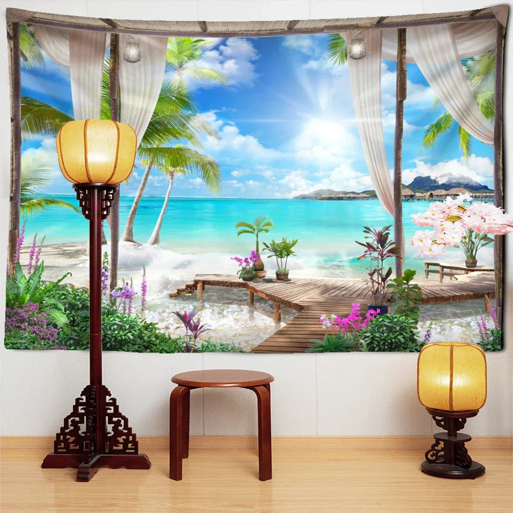 DecorBites™ Coconut Forest Sea View Tapestry Wall Hanging - Aesthetic Home Decor