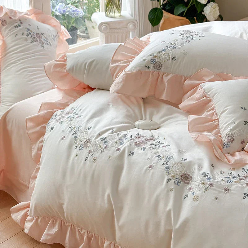 DecorBites™ Korean Princess Lace Ruffles Flowers Embroidery Bedding Set with 100% Cotton Quality.