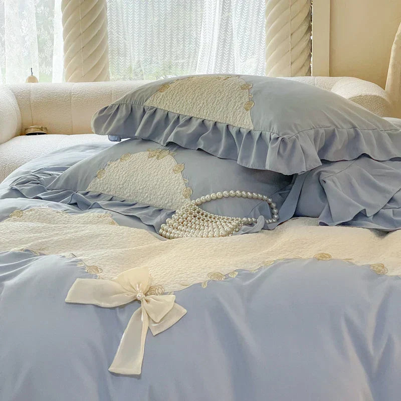 DecorBites™ Lace Embroidery Princess Bedding Set - Duvet Cover, Sheet, Pillowcases - Blue Pink Purple