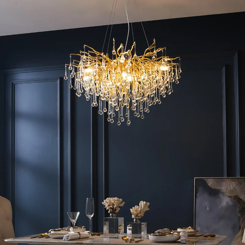 DecorBites™ Crystal Water Drop Branch Chandelier: Luxury LED Lighting for Hall, Living Room, or Bar