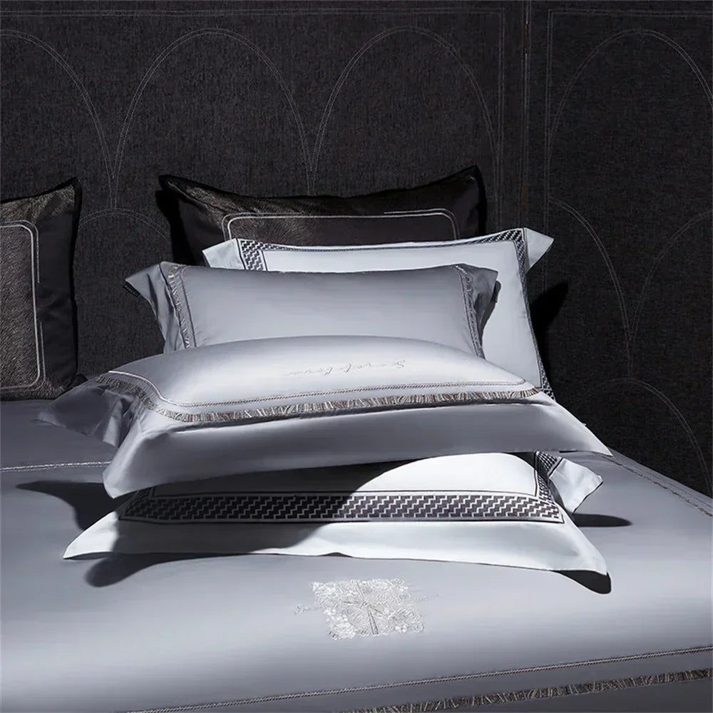 DecorBites™ Cotton Satin Jacquard Embroidery Bedding Set with Elastic Sheet & Duvet Cover