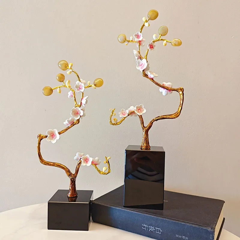 DecorBites™ Golden Tree Crystal Ball Plum Blossom Metal Decor Figurine