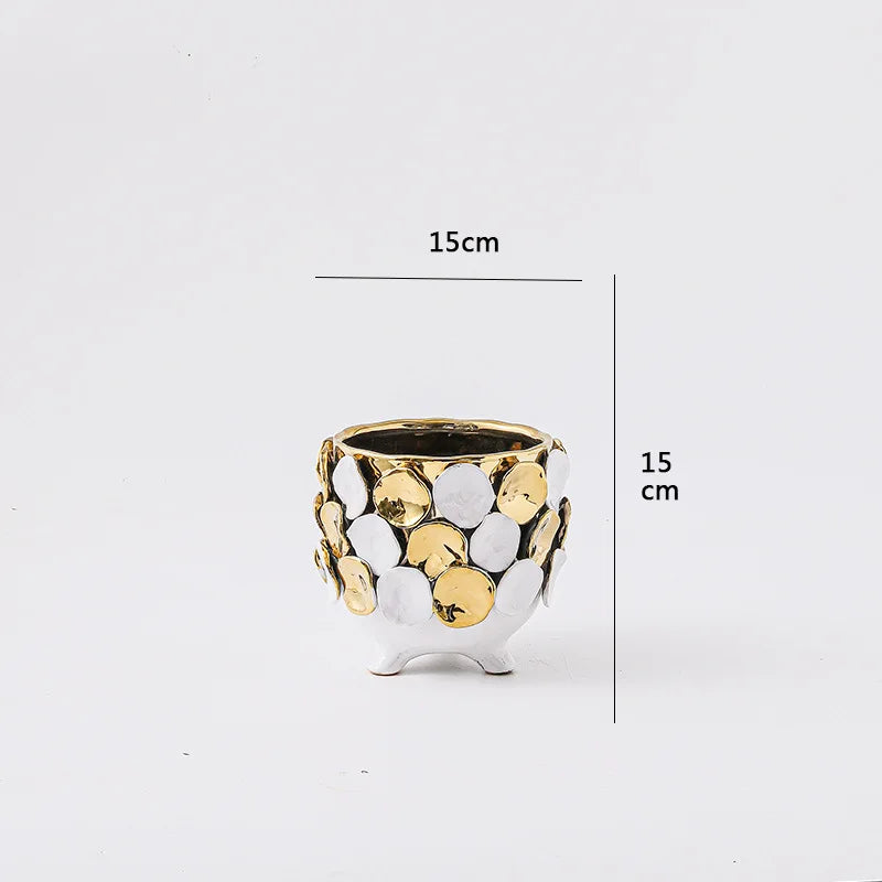 DecorBites™ Geometric Gold Leaf Relief Ceramic Vase - Elegant Hand-Appliqued Flower Pot Home Decor