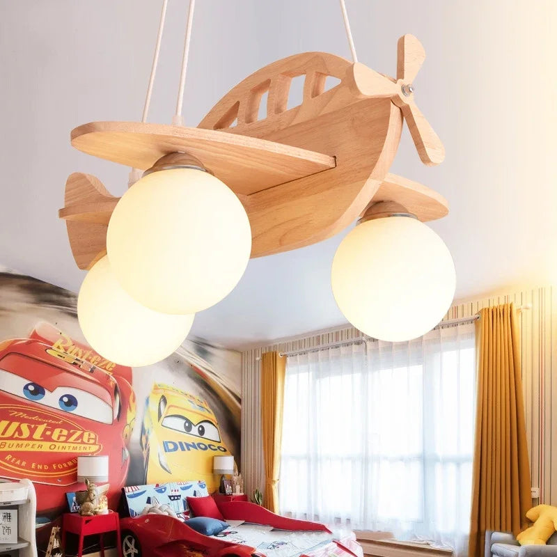 DecorBites™ Kids Wood Airplane Chandelier LED Nursery Aircraft Suspension Lights