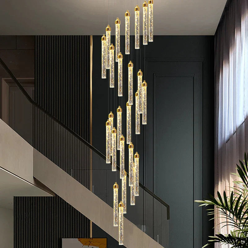 DecorBites™ Crystal Staircase Chandelier LED Modern Interior Designer Gold Attic Lamps