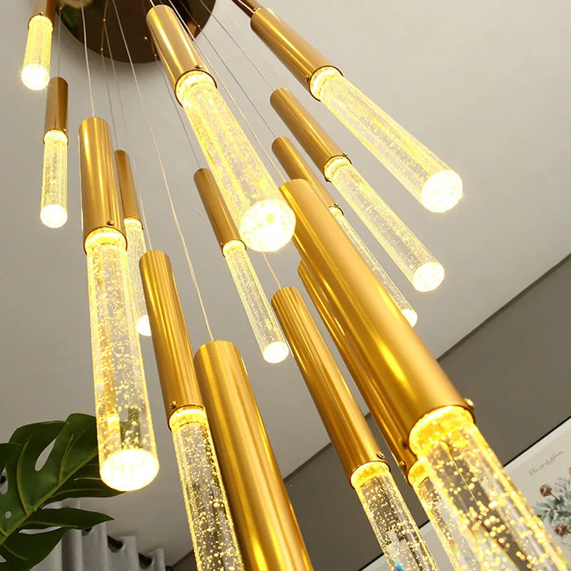 DecorBites™ Crystal Led Chandelier for Modern Loft Living Room Staircase, Gold Art Deco Hanging Lamp