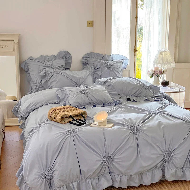 DecorBites™ Korean Princess Style Pure Cotton Bedding Set with Ruffles and Heart Pleat